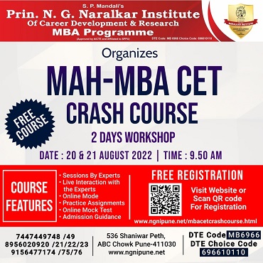 Registration For Free MAH-MBA CET Crash Course 13 & 14 Aug 2022 organized by Naralkar Institute, Pune